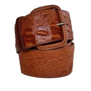 Vintage Fob Trading Genuine Leather Tan Faux Alligator Wide Belt
